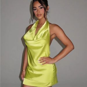 Naked Wardrobe The Glow Up Halter Top & Glow On Mini Skirt in Chartreuse